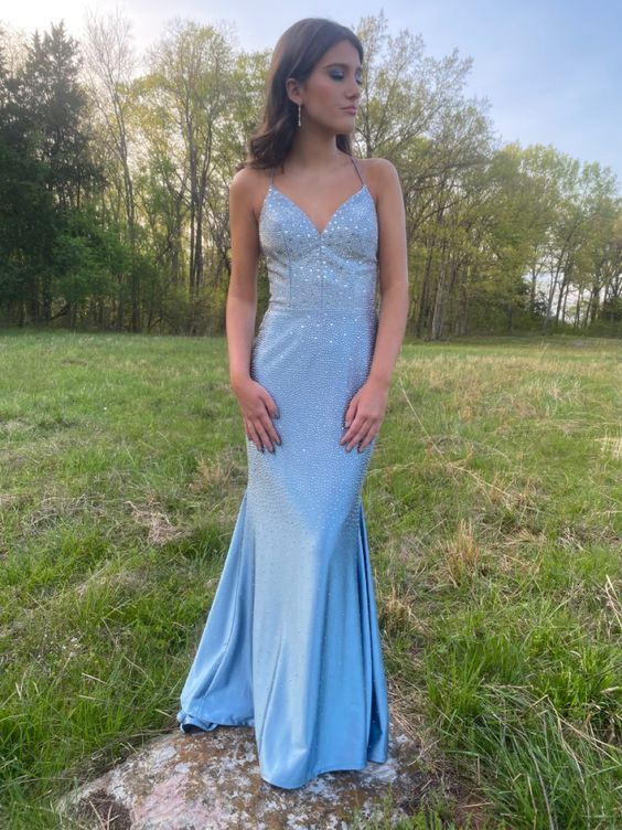 Blue Mermaid Beaded Long Prom Dress Evening Dress SH874 – shinydress