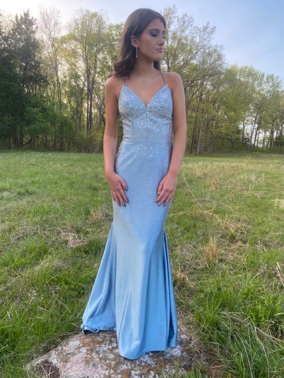 Blue Mermaid Beaded Long Prom Dress Evening Dress SH874