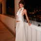 Two Piece Sheath Halter White Satin Long Prom Dress Evening Dress SH7566
