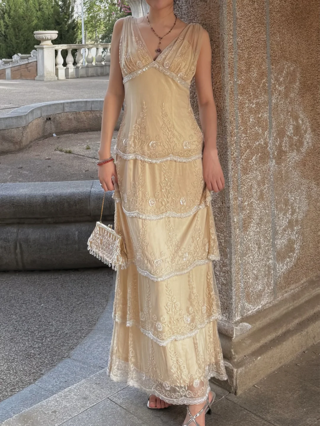 Gentle Apricot A Line V Neck Exquisite Beaded Layered Chiffon Prom Dress Wedding Guest Dress SH5436