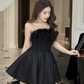 Cute Black A Line Strapless Corset Feather Satin Short Homecoming Dress Cocktail Dress SH3304