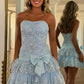 Sweety Sheath Strapless Baby Blue Lace Short Homecoming Dress with Appliques Bowknot SH7479