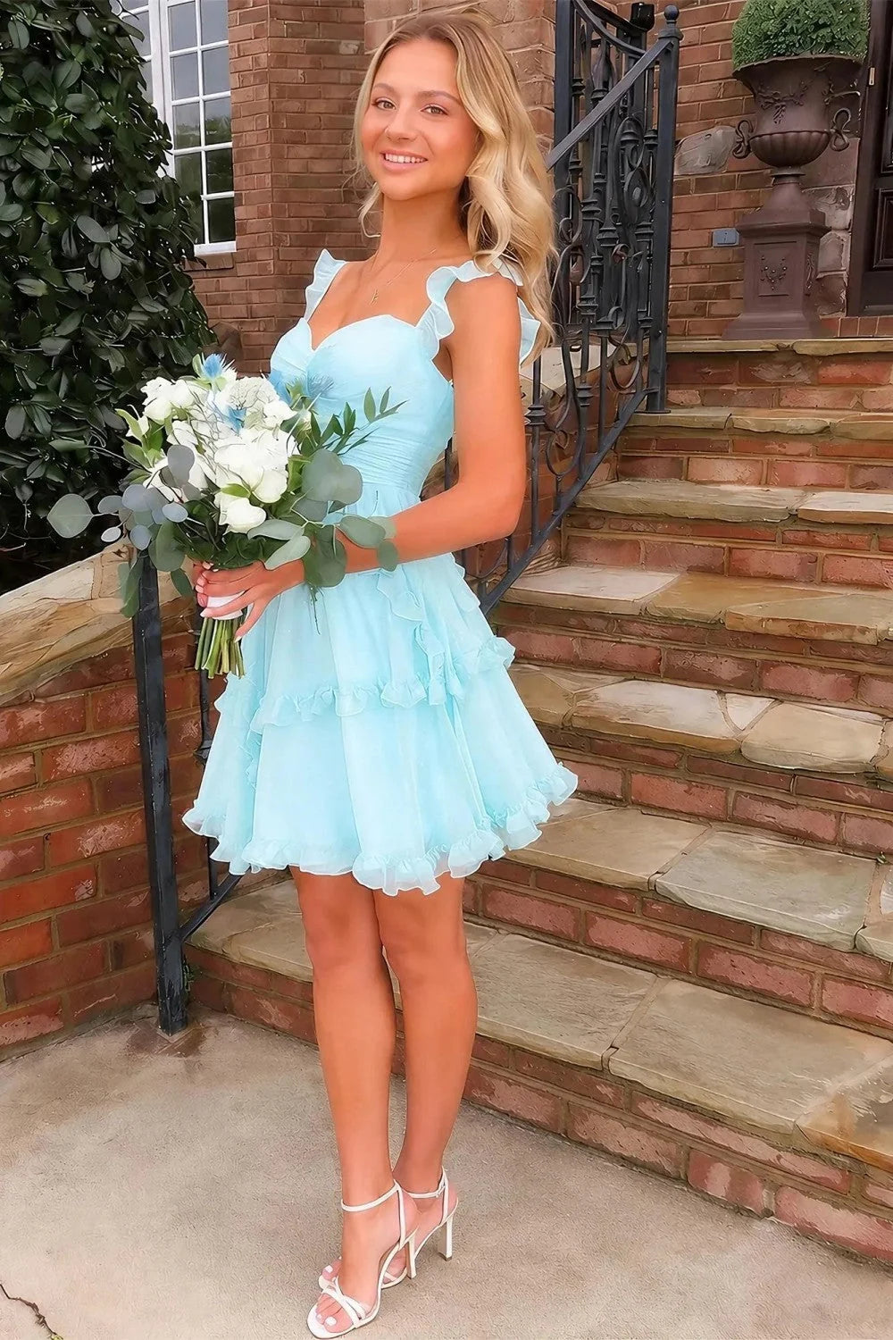 Romantic A Line Sweetheart Light Blue Short Homecoming Dress with Ruffles SH7490