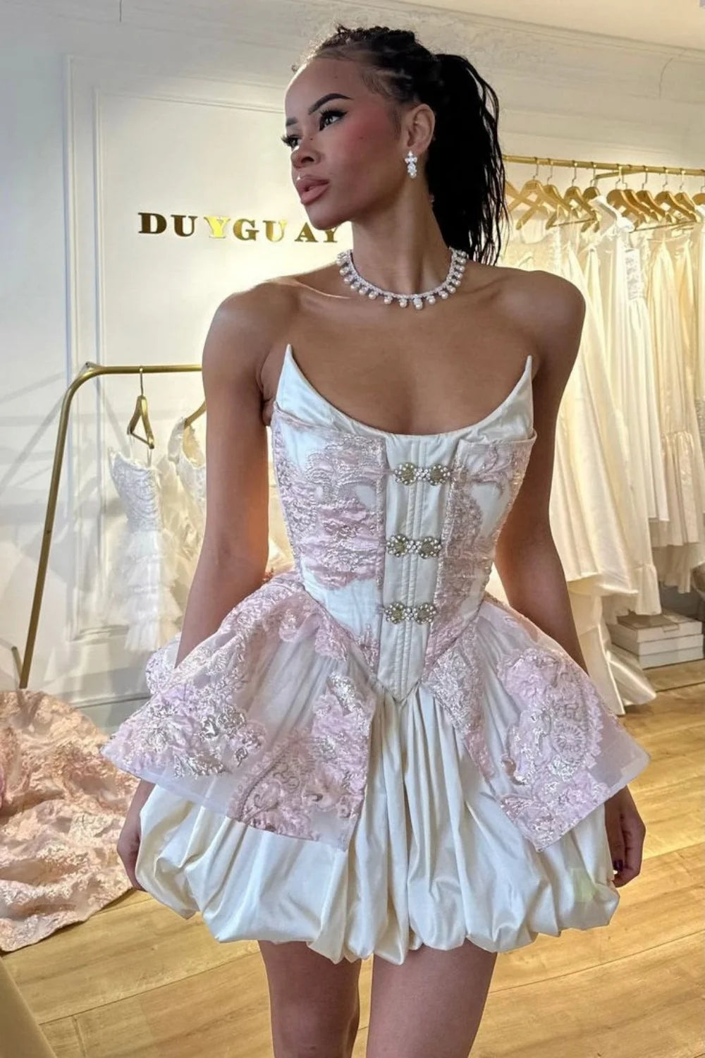 Fairytale Pink Satin Corset Homecoming Dress with Embroidered Lace and Puff Hem SH7887