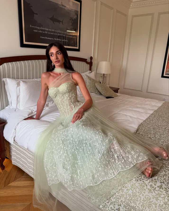 Light Green A Line One Shoulder Appliques Tulle Prom Dress Evening Dress SH6375
