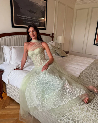 Light Green A Line One Shoulder Appliques Tulle Prom Dress Evening Dress SH6375