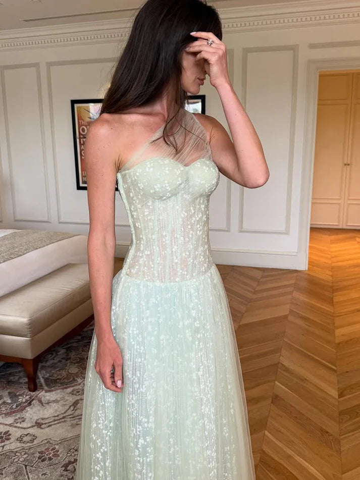 Light Green A Line One Shoulder Appliques Tulle Prom Dress Evening Dress SH6375