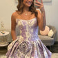 Fashionable A Line Strapless Lilac Floral Printed Corset Homecoming Dress with 3D Flowers SH7854