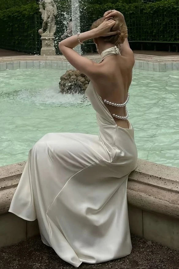 Fashionable A Line Halter Neck White Long Party Dress with Pearls Back SH7778