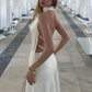 Fashionable A Line Halter Neck White Long Party Dress with Pearls Back SH7778