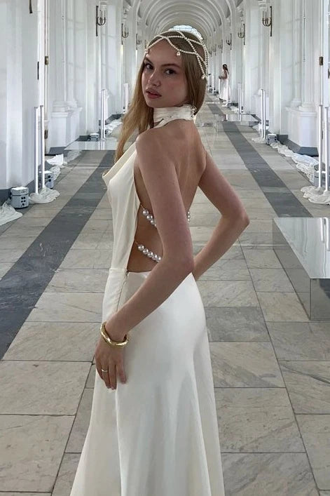 Fashionable A Line Halter Neck White Long Party Dress with Pearls Back SH7778