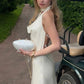 Fashionable A Line Halter Neck White Long Party Dress with Pearls Back SH7778