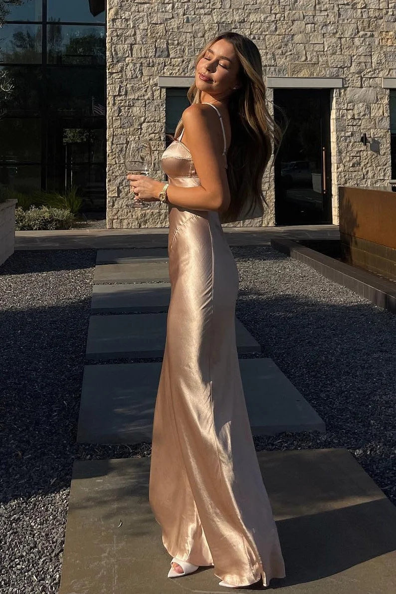 Hot Mermaid Spaghetti Straps Champagne Long Party Dress with Open Back SH8287