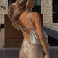 Hot Mermaid Spaghetti Straps Champagne Long Party Dress with Open Back SH8287