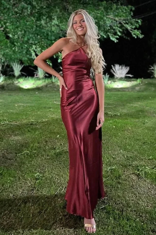 Fashionable Sheath Halter Neck Red Long Prom Dress SH8300