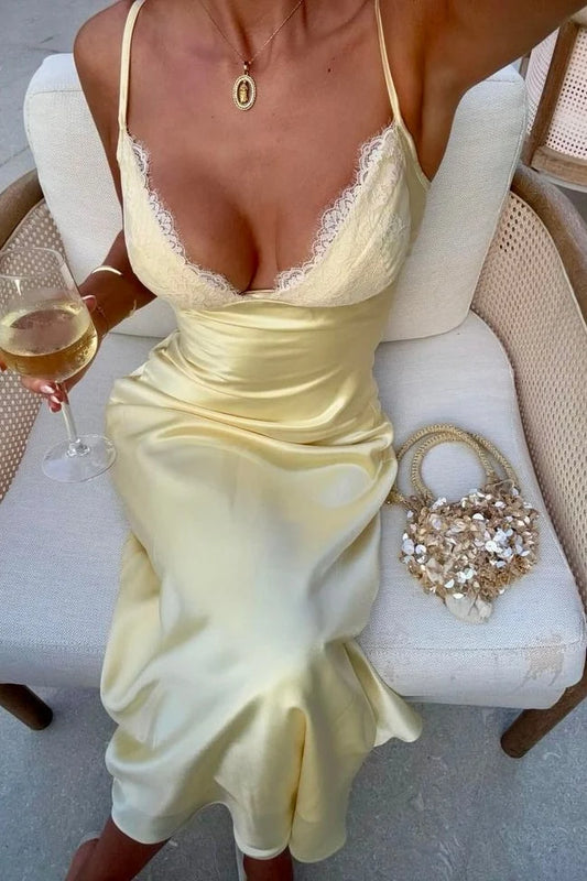 Fashionable Sheath Spaghetti Straps Yellow Long Party Dress with Lace SH8179
