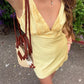 Fitted Sheath V Neck Yellow Satin Short Homecoming Dress with Ruched SH7915