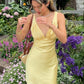 Fitted Sheath V Neck Yellow Satin Short Homecoming Dress with Ruched SH7915