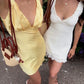 Fitted Sheath V Neck Yellow Satin Short Homecoming Dress with Ruched SH7915