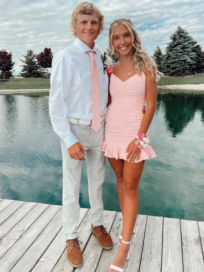 Flattering Bodycon Spaghetti Straps Pink Short Homecoming Dress with Ruched SH7525
