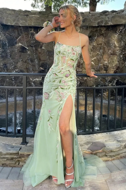 Beautiful Mermaid Spaghetti Straps Sage Corset Prom Dress with Floral High Slit SH8089