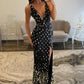 Fashionable Mermaid V Neck Black Sequins Long Prom Dress with Split Front SH7629