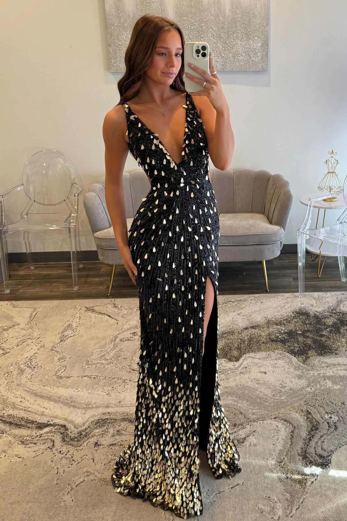 Fashionable Mermaid V Neck Black Sequins Long Prom Dress with Split Front SH7629