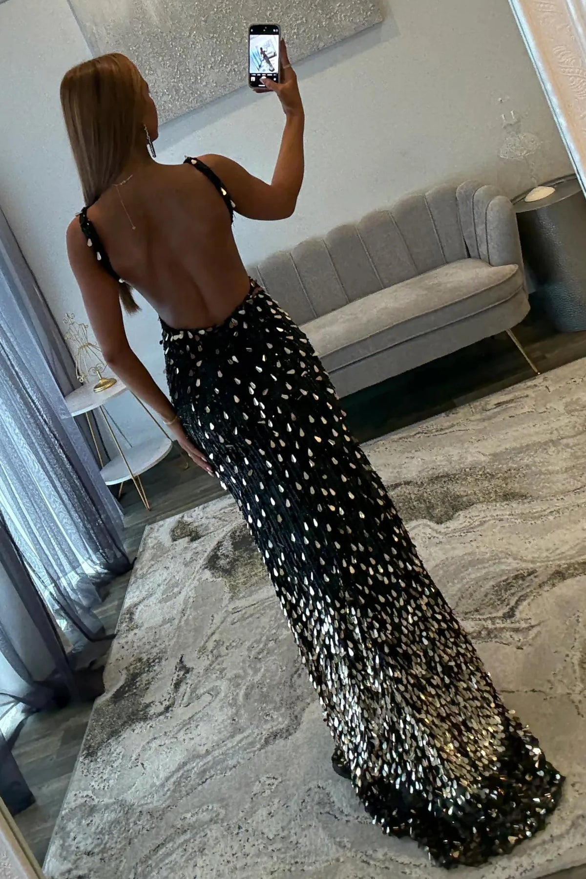 Fashionable Mermaid V Neck Black Sequins Long Prom Dress with Split Front SH7629