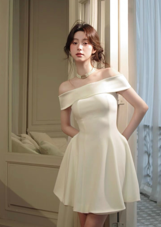 Classic White A Line Off the Shoulder Satin Short Prom Dress Homecoming Dress SH6006