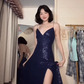Dark Navy Blue A Line Spaghetti Straps Sequin Prom Dress Party Dress with Slit SH5057