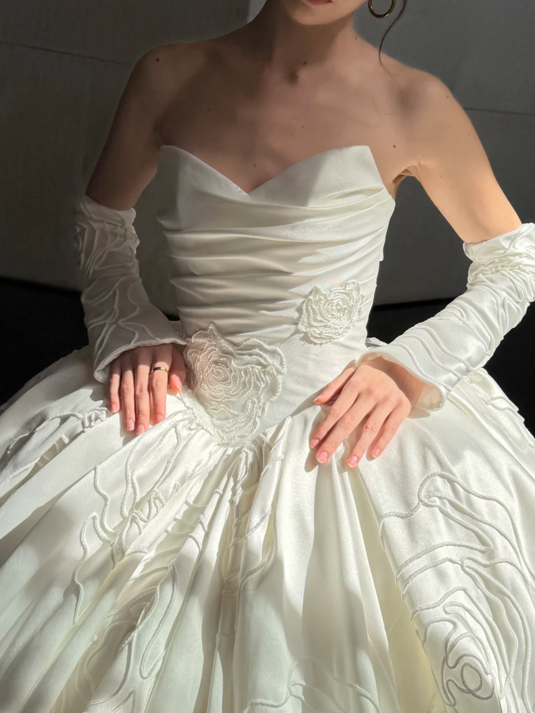 Rose Ball Gown Strapless White Satin Long Sweep Wedding Dress SH5279
