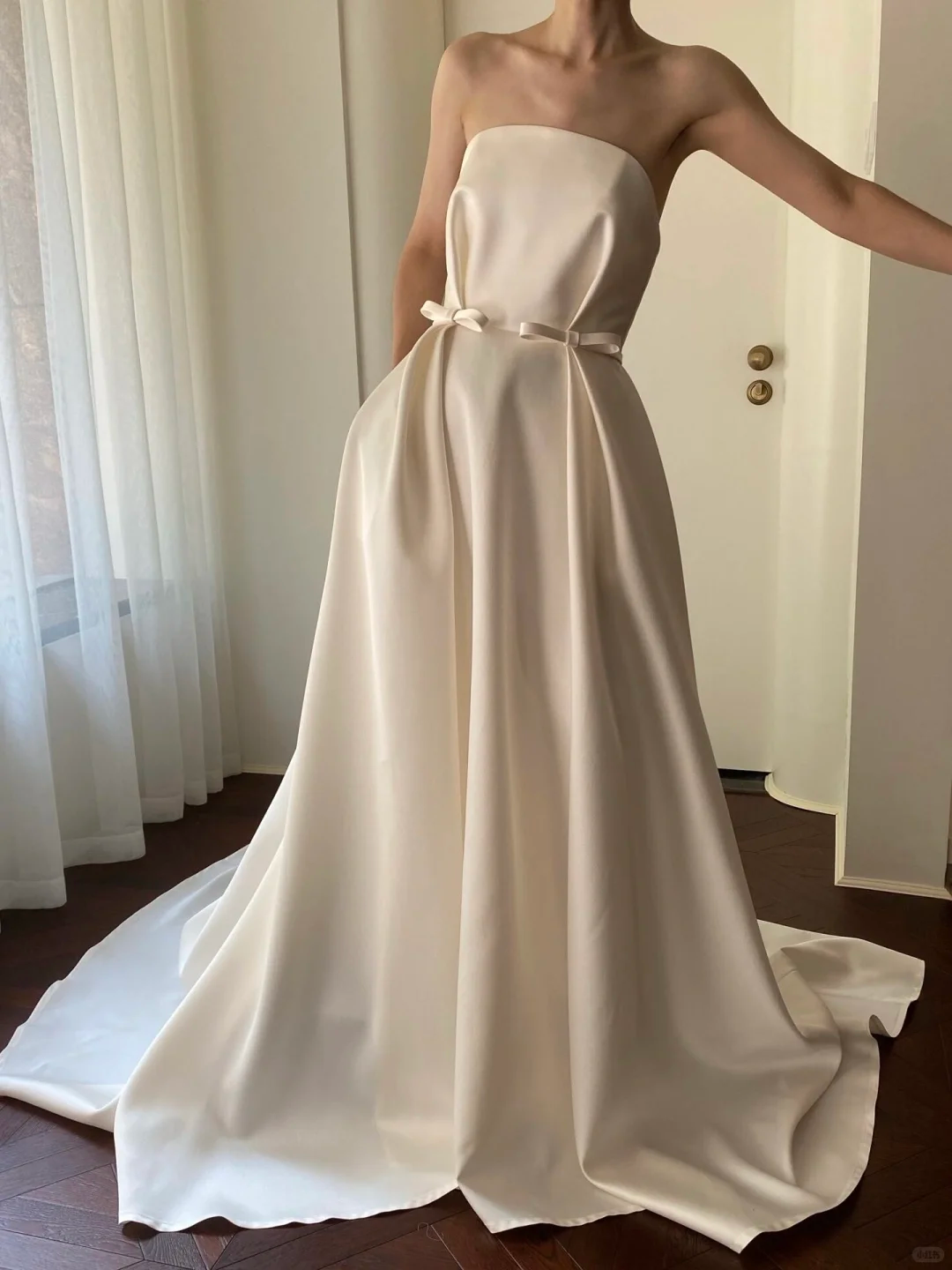 Simple A Line Strapless Bow White Satin Wedding Dress SH5235