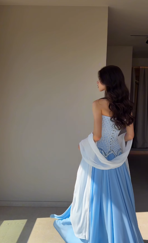 Beautiful Blue A Line Strapless Exquisite Beaded Chiffon Long Prom Dress Evening Dress SH6750