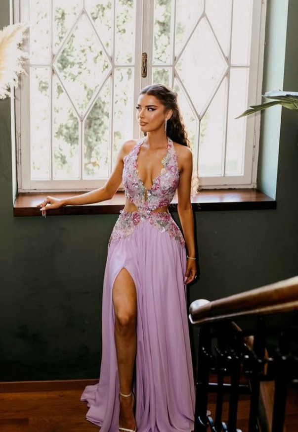 Exquisite Floral A Line V Neck Purple Chiffon Backless Prom Dress Evening Dress SH6334