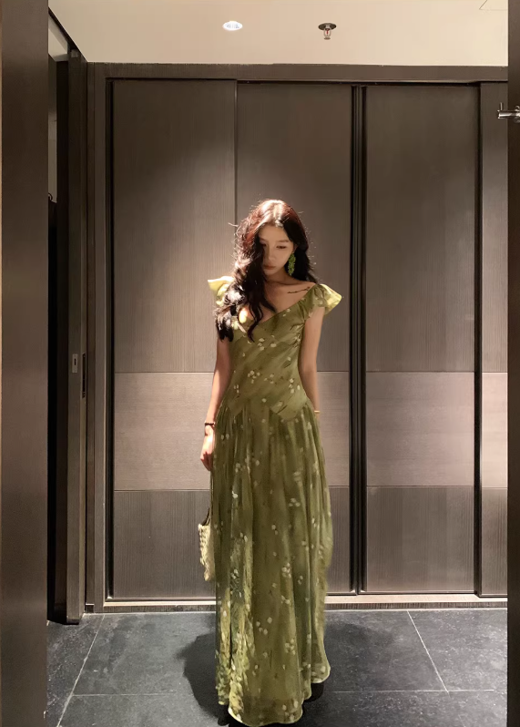 Green Gentle A Line Straps V Neck Print Floral Chiffon Prom Dress Party Dress Outfits SH5060
