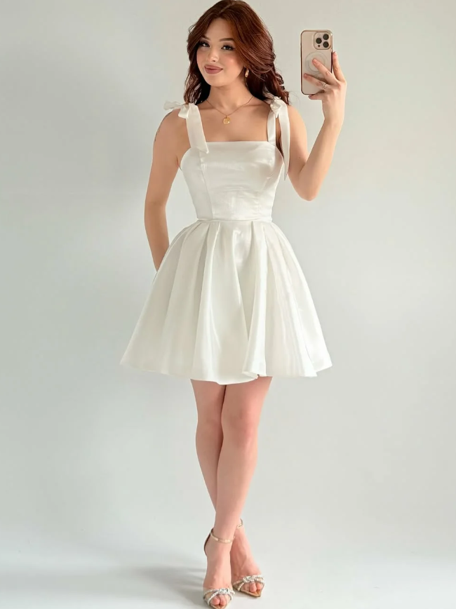 White A Line Bow Straps Satin Short Prom Dress Homecoming Dress SH6010