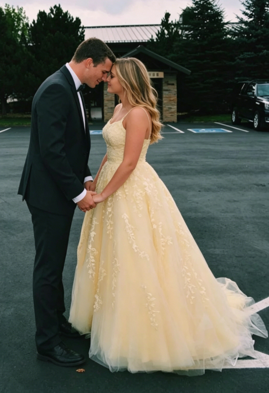 Hot Yellow A Line Straps Lace Tulle Long Prom Dress Graduation Prom Dress SH046