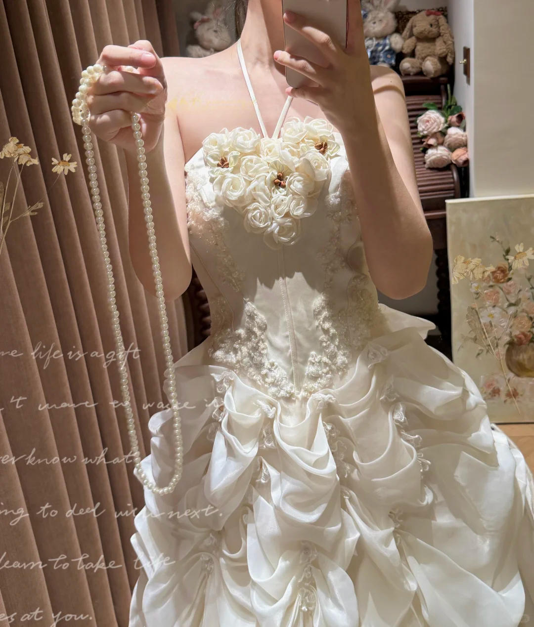 White A Line Halter Floral Beaded Pleated Organza Prom Dresses 18th Birthday Dresses SH4639