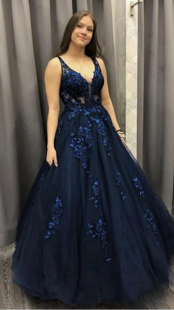 Dark Blue V-Neck Appliques Long Prom Dresses Ball Gown SH915
