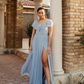 Gentle A Line Ruffle Blue Chiffon Evening Dress Bridesmaid Dress with Slit SH2703