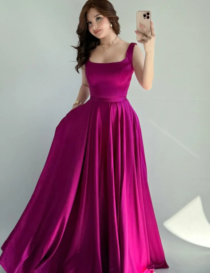 Simple Pink A Line Spaghetti Straps Satin Prom Dress Date Dress SH5550