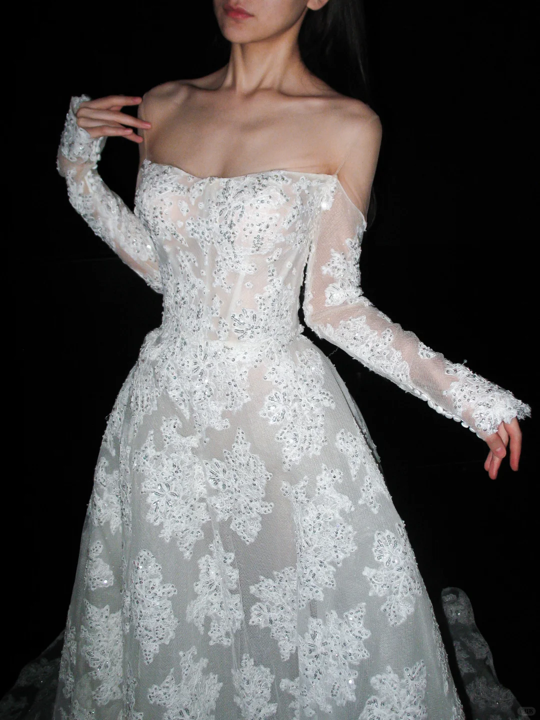 Beautiful A Line Long Sleeve Sequin Lace Long Train Wedding Dress SH6615