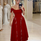 Gentle A Line Off the Shoulder Red Beaded Velvet Long Prom Dress SH5303