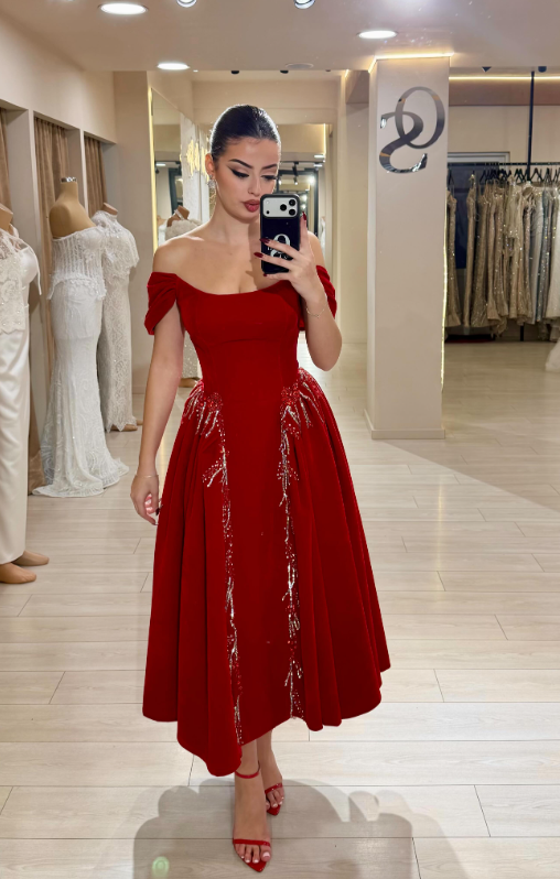 Gentle A Line Off the Shoulder Red Beaded Velvet Long Prom Dress SH5303