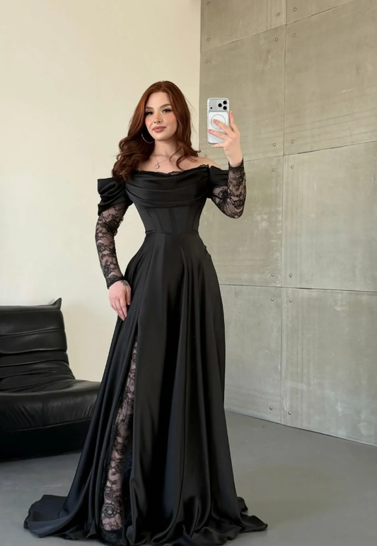 Elegant Black A Line Long Sleeve Lace Satin Prom Dress Evening Dress SH6013