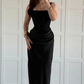 High-class Sheath Strap Black Satin Long Prom Dress Evening Dress SH7293