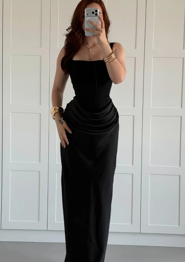 High-class Sheath Strap Black Satin Long Prom Dress Evening Dress SH7293