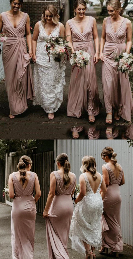 Dusty Pink Elastic Satin V-neck Sheath Long Bridesmaid Dresses SH5585