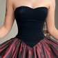 Vintage A Line Strapless Black Velvet Burgundy Satin Prom Dress Evening Dress SH6074