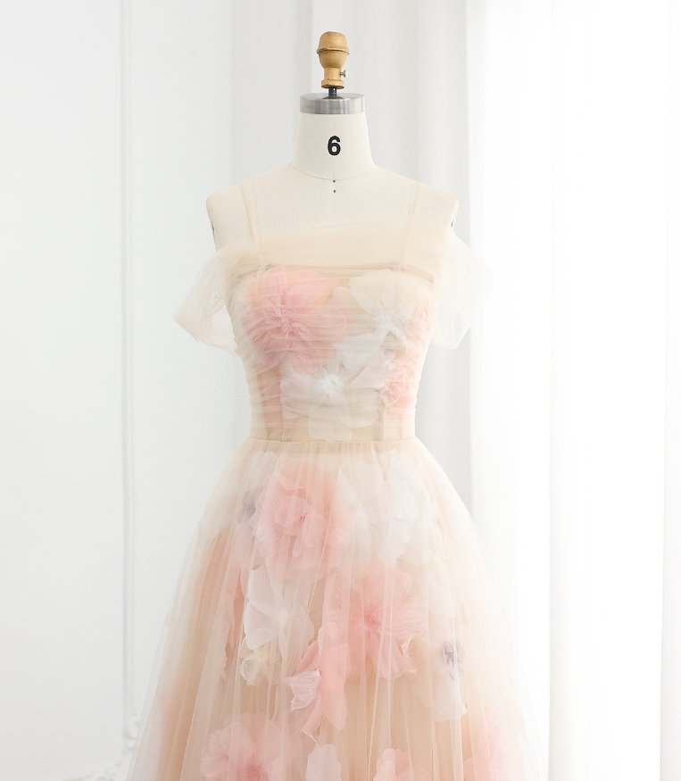 Dreamy A Line Off the Shoulder 3D Flower Tulle Prom Dress Evening Dress SH2379